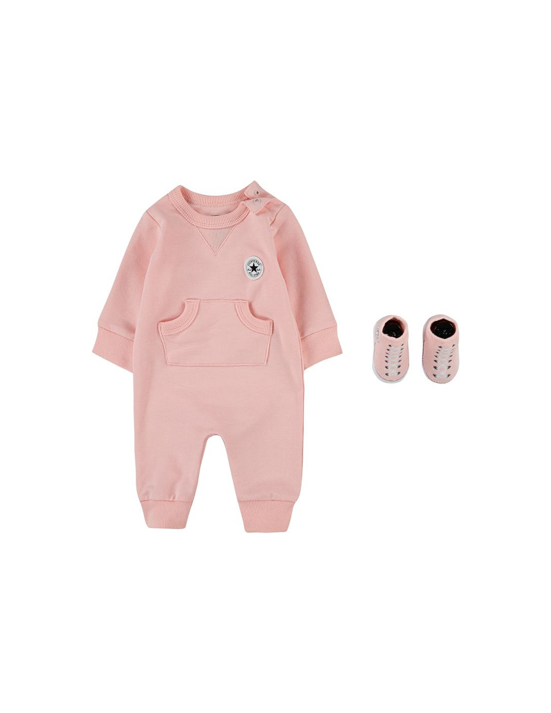 Conjunto converse lil chuck patch coverall + booties socks pink
